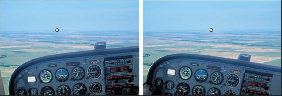 חוסר סימטריה בתמונה המתקבלת מהטיה ימינה לעומת שמאלה, כאשר הטייס חניך יושב לא במרכז המטוס אלא בצד שמאל. בהטיה ימינה רואים יותר אדמה ואילו בהטיה שמאלה רואים יותר שמים.